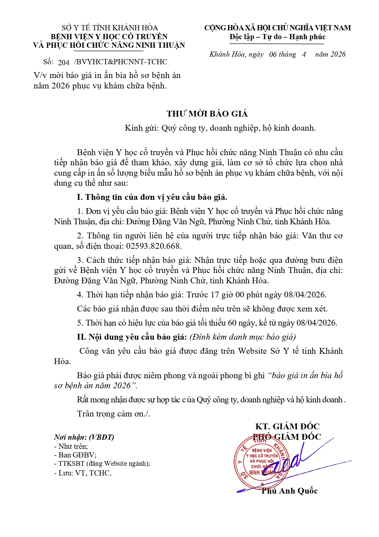 V/v mời báo giá in ấn bìa hồ sơ bệnh án năm 2026 phục vụ khám chữa bệnh.